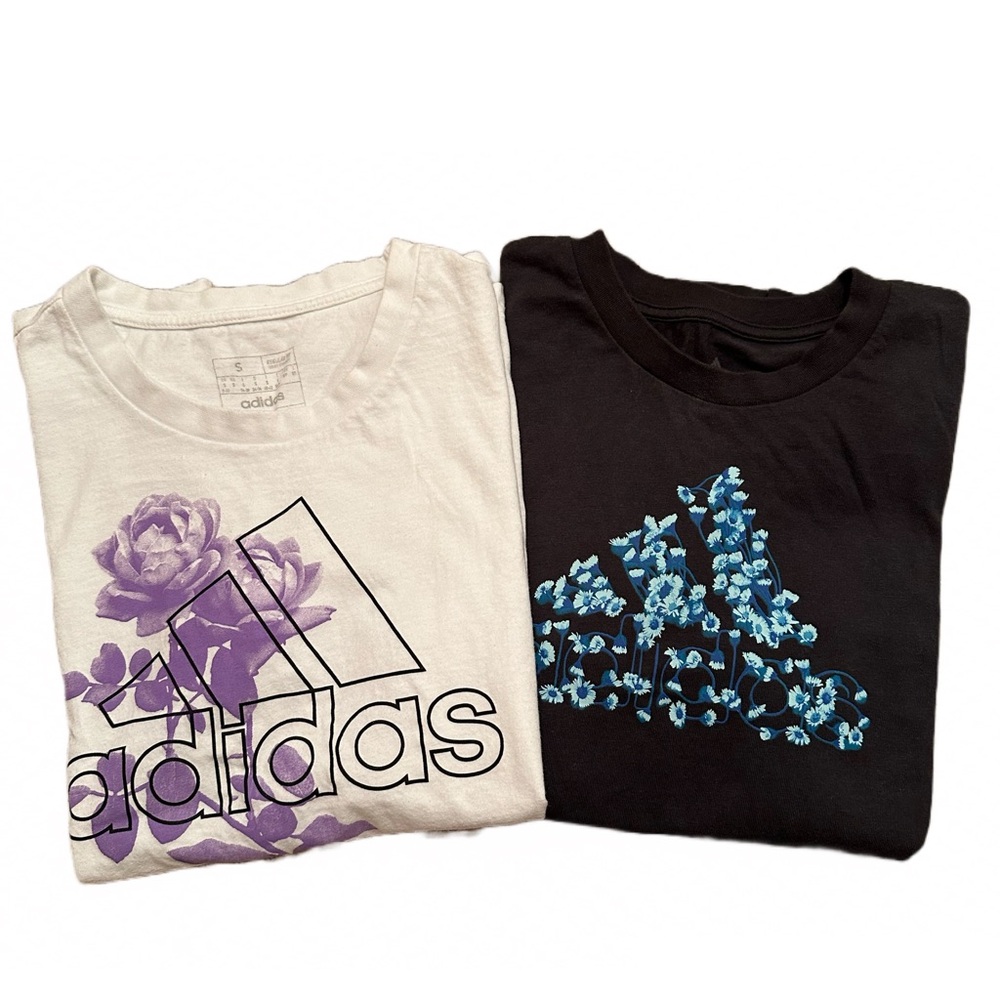 Adidas t-shirts women’s size small, good condition. White purple, black blue